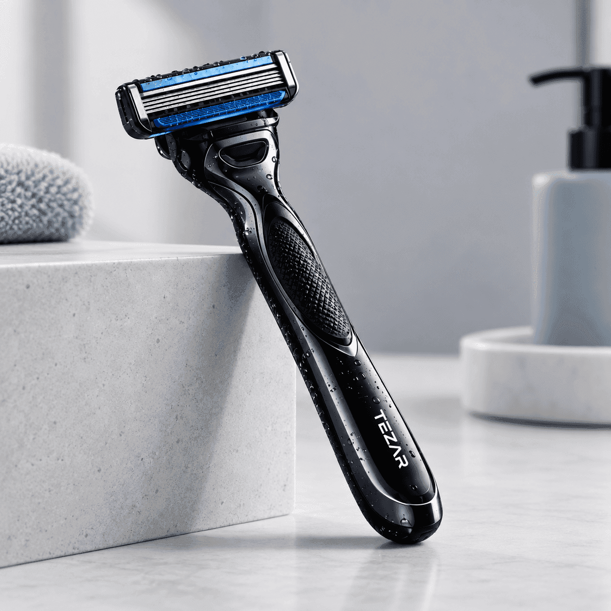 Black razor with blue blades standing on grey marble vanity